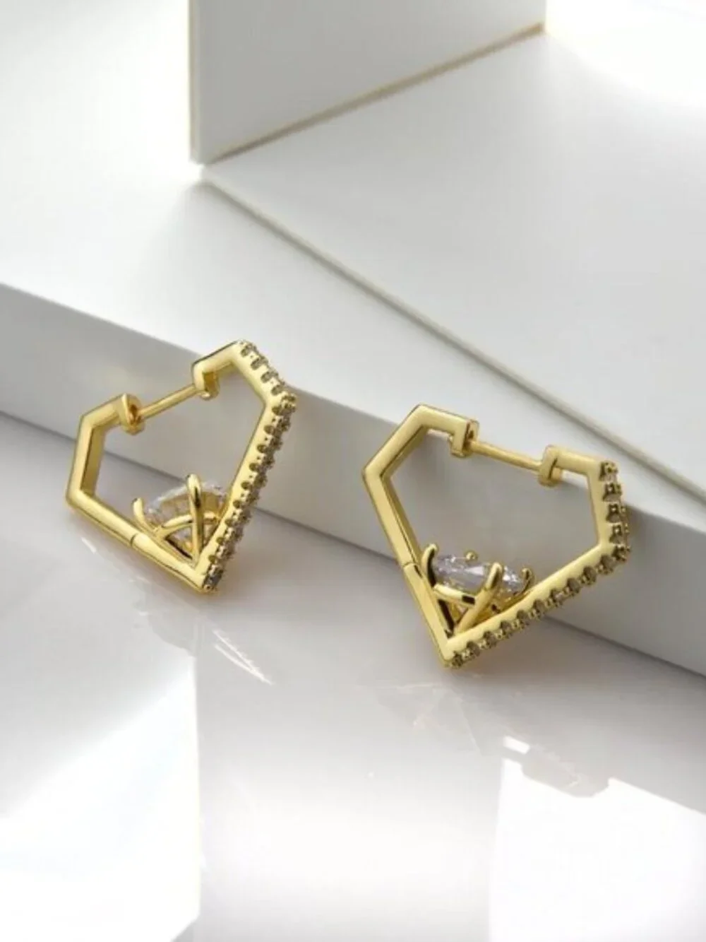 Women's 14K Gold Plated Diamond Shaped Huggie Hoop Earrings CZ Accents